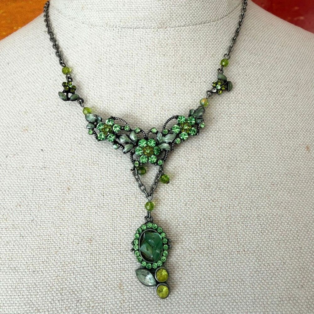 Vintage Green Rhinestone Floral Statement Drop Necklace